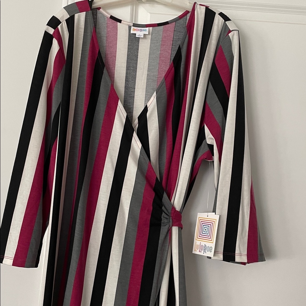 Lula Roe Wrap Dress SizeL Multi Color Striped Knit Timeless Adaptable Flattering - Picture 4 of 13